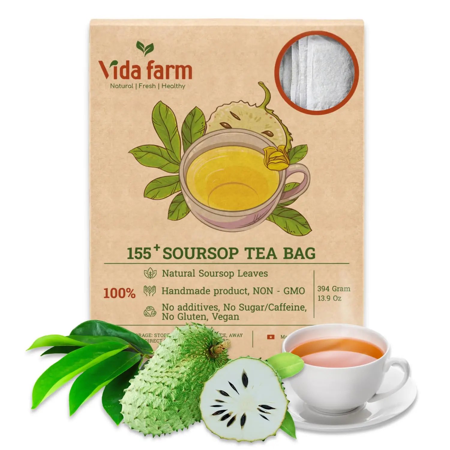 Soursop Tea Bags, 100% Natural Pure Soursop Leaves Herbal Tea Bag, Soursop Leaves Dried, Pleasant Natural Taste, Caffeine Free, Sugar Free Beverage Fl