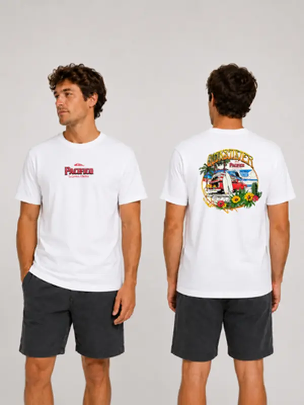 Quiksilver Men's Pacifico Classic Streetwear Short-Sleeve Round Neck T-Shirt - Soft Cotton Surf Beach Van Graphic Top, Casual Summer Shirt, Shortsleeve, Crew Neck, Menswear, Graphic Print, Fabric, Tee, Basic, Beach-Themed Men's Short-Sleeve T-Shirts