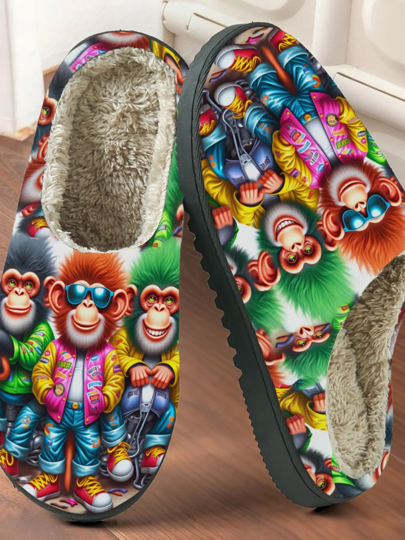 Cute Monkey Cotton Slippers, Vintage Playful Style, Fuzzy Lined Anti-Slip Thick Sole, Home Retro Casual Warm Shoes for Fall & Winter