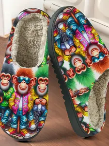 Cute Monkey Cotton Slippers, Vintage Playful Style, Fuzzy Lined Anti-Slip Thick Sole, Home Retro Casual Warm Shoes for Fall & Winter