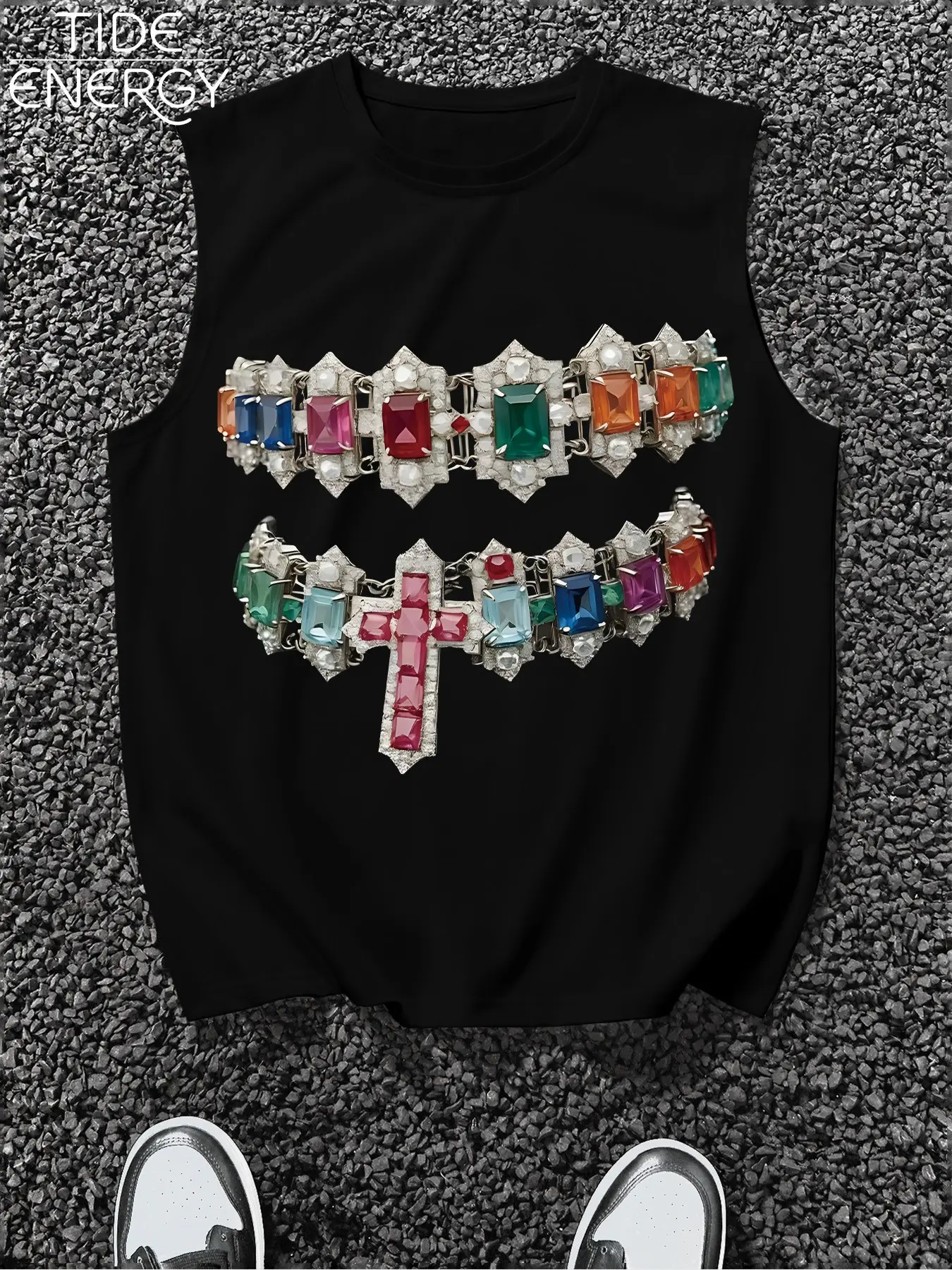 Luxury Muscle Tank Top, Casual Elegant Sleeveless Vest with Rhinestone Cross Print, Lightweight Summer Casual Streetwear, Urban Fashion Fit