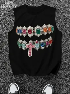 Luxury Muscle Tank Top, Sleeveless Vest with Rhinestone Cross Print, Lightweight Summer Casual Streetwear, Urban Fashion Fit