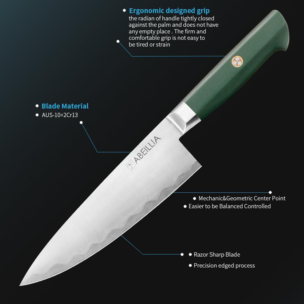 Chef Kitchen Knife, For Daily Home Cooking & Pro Kitchens, AUS-10 Edge with 2Cr13 Back Steel, Precision Flat Grind Performance, Japanese Artisan Craft & G10 Non-Slip Grip – Home Chef & Collector Gift for Cooking Enthusiasts | Abeillia Saturn 8 Inch