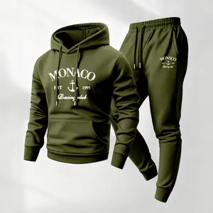 Men's Monaco Printed Hoodie and Drawstring Sweatpants Set, Menswear, Casual Athletic Long Sleeve Hooded Jacket & Trousers for Fall & Winter, Men's Clothing for Daily Wear, Sportswear Indoor Outdoor, Tracksuit, Athleisure Summer Clothes
