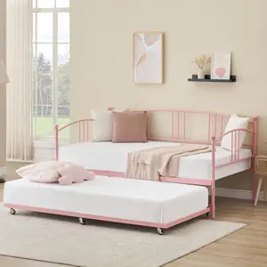 【Christmas Gift】Pink Twin Daybed with Trundle, Metal Twin Size Daybed with Pullout Trundle 6 Casters, Steel Slat Support Sofa Bed for Living Room, Bedroom, Guest Room