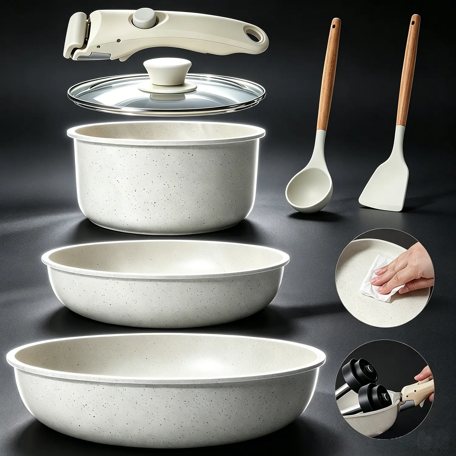 Detachable Handle Non-Stick Cookware Set with Lids - PFAS-Free Ceramic Coating, Off-White, 1-Second Lock Handle, Stackable Space-Saving, Induction Compatible, Oven-Safe, Includes Silicone Utensils (Back-to-School Steel Pans Kit)