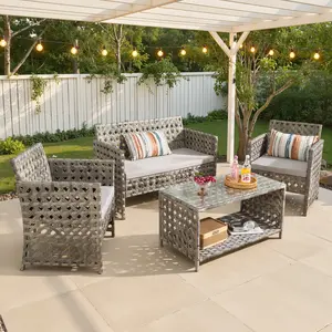 CAODOC 4 Pieces Patio Rattan Furniture Set All Weather Outdoor Conversation  Set, with Glass Coffee Table, Loveseat, 2 Single Wicker Chairs for Home, Garden, Lawn, Porch