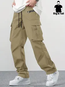 Large Size Men's Plain Cover Pocket Drawstring Waist, Casual Work Pants, All Season Street Style, Essential Tactical Long Pants, Casual Streetwear Trousers, Casual Fitted Pockets