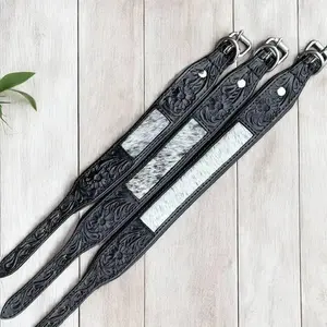 Black cowhide & tooled dog collar 