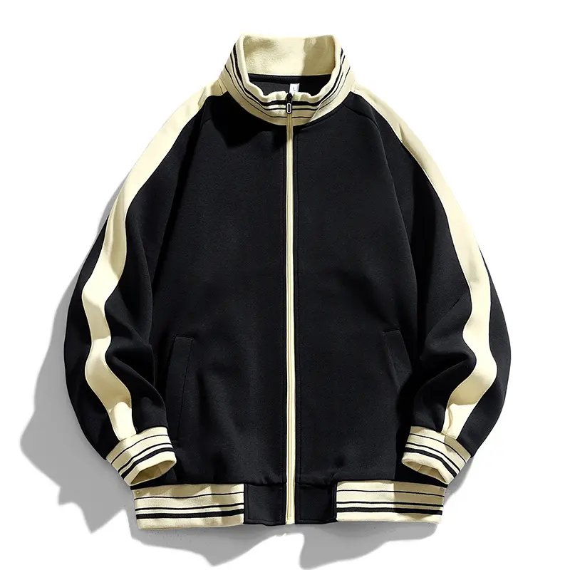 Gihuo Men's Stylish Cotton Black & Cream Color-Block Track Jacket - Zipper Closure, Pockets, Lightweight Menswear Top