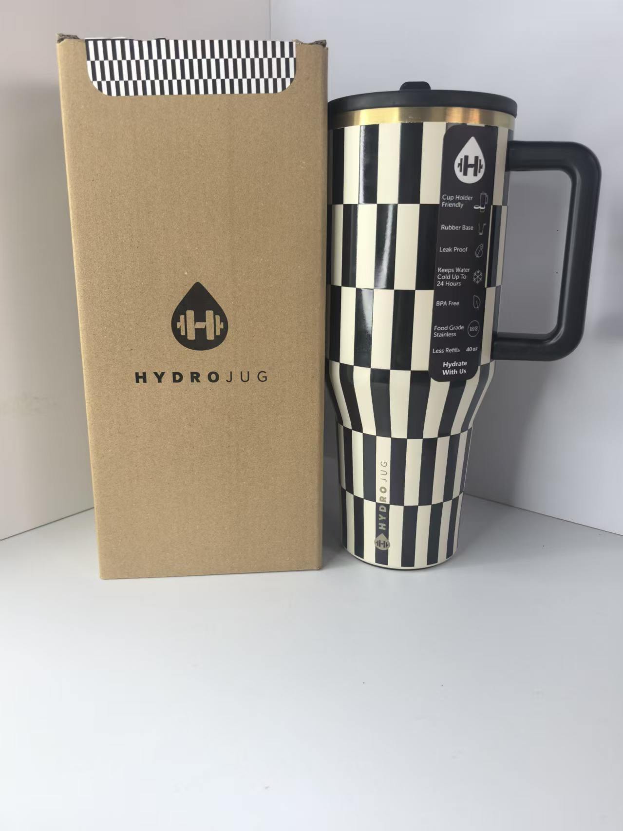 HydroJug 40oz Trendy Checkerboard 40oz Tumbler with Handle, Insulated Stainless Steel Water  with Straw, Leakproof Lid for On-the-Go Hydration & Outdoor Adventures Drinkware Flasks Bottled Mug Portable travel beverage coffee  gourd bottle Engine-Themed