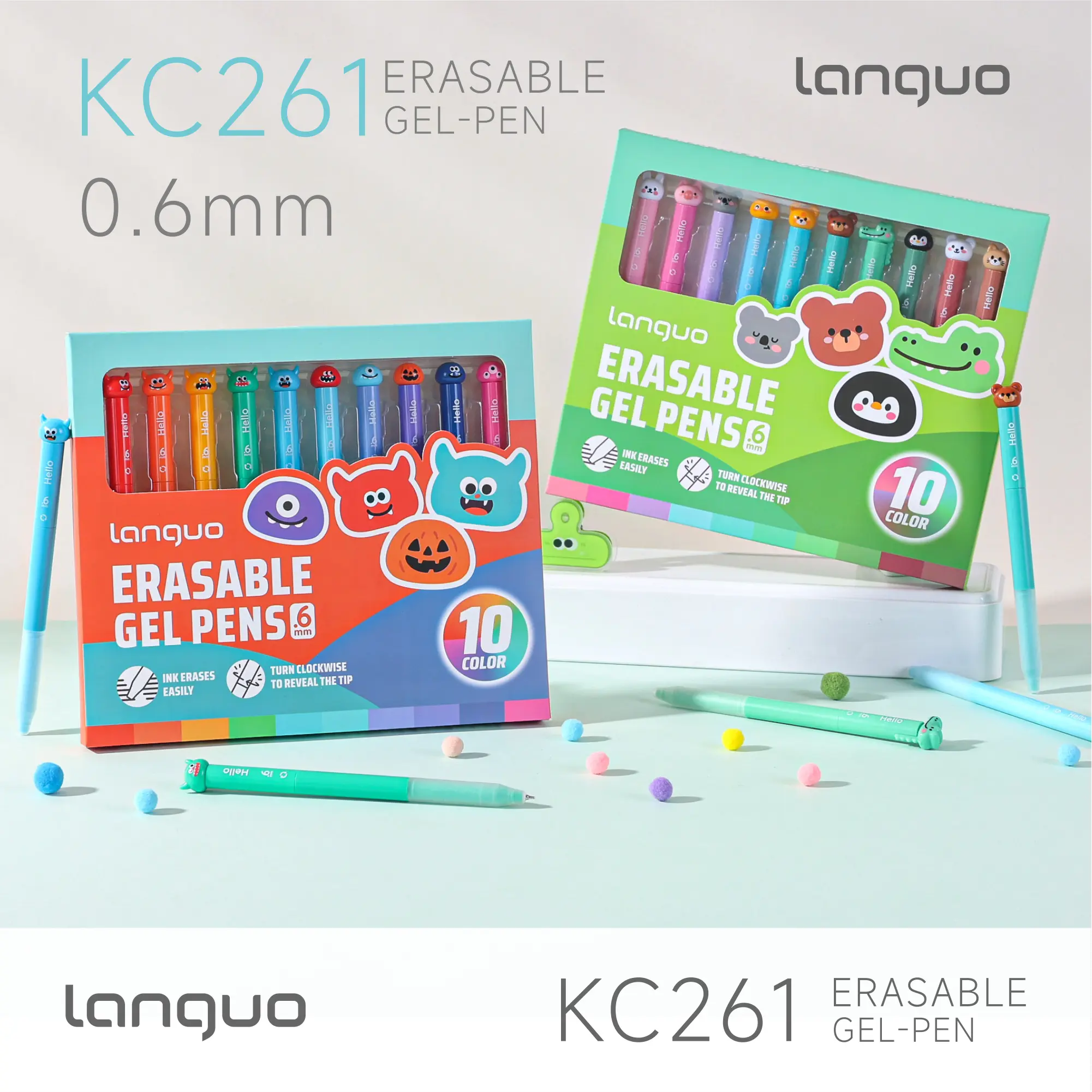 【BUY 1 GET 1】languo Erasable Gel Pens, 0.6mm Fine Tip, Twist Retractable, 10 Pack | Cute Animal Design, Assorted Ink Colors, Smooth Ink Flow, Clean Corrections, Ideal for Drawing, Writing, Journaling, Planners