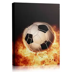 Fire Soccer Ball Canvas Wall Art Sports Poster, Fiery Football Print for Boys Bedroom Man Cave Gym Decor, Modern Sports Artwork for Football Fans
