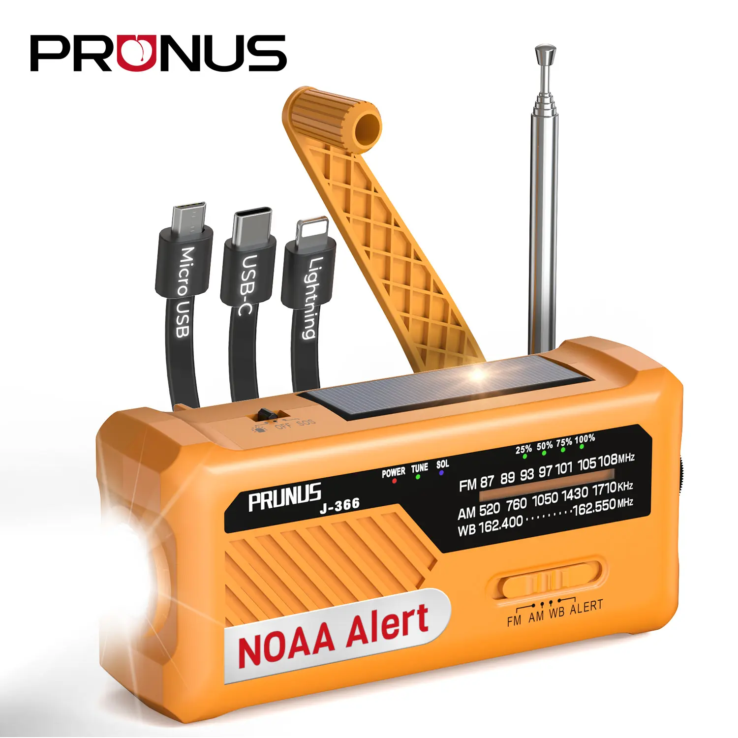 PRUNUS J-366 Emergency Radio with 3 Charging Cables, NOAA Weather Alert, 7400mWh/Solar/Hand Crank/ USB-C Charging, Battery Operated , WB/AM/FM, SOS Alarm, Flashlight, Compact for Bag