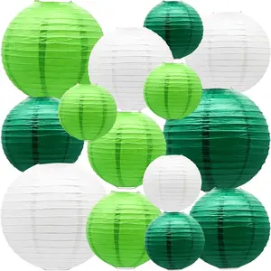 14 Pcs Green Paper Lanterns Deep Light Green White - 10 8 6 Inch Reusable Hanging Ceiling Decor for Woodland Baby Shower Jungle Theme Party Rustic Bridal Wedding