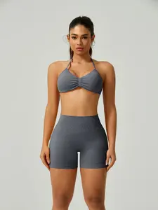 Women's Solid Crop Sports Bra & High Waist Shorts Sports Clothing Set, Sporty Casual Breathable Comfortable Seamless Outfits for Yoga Gym Workout Running, Ladies Sportswear for All Seasons