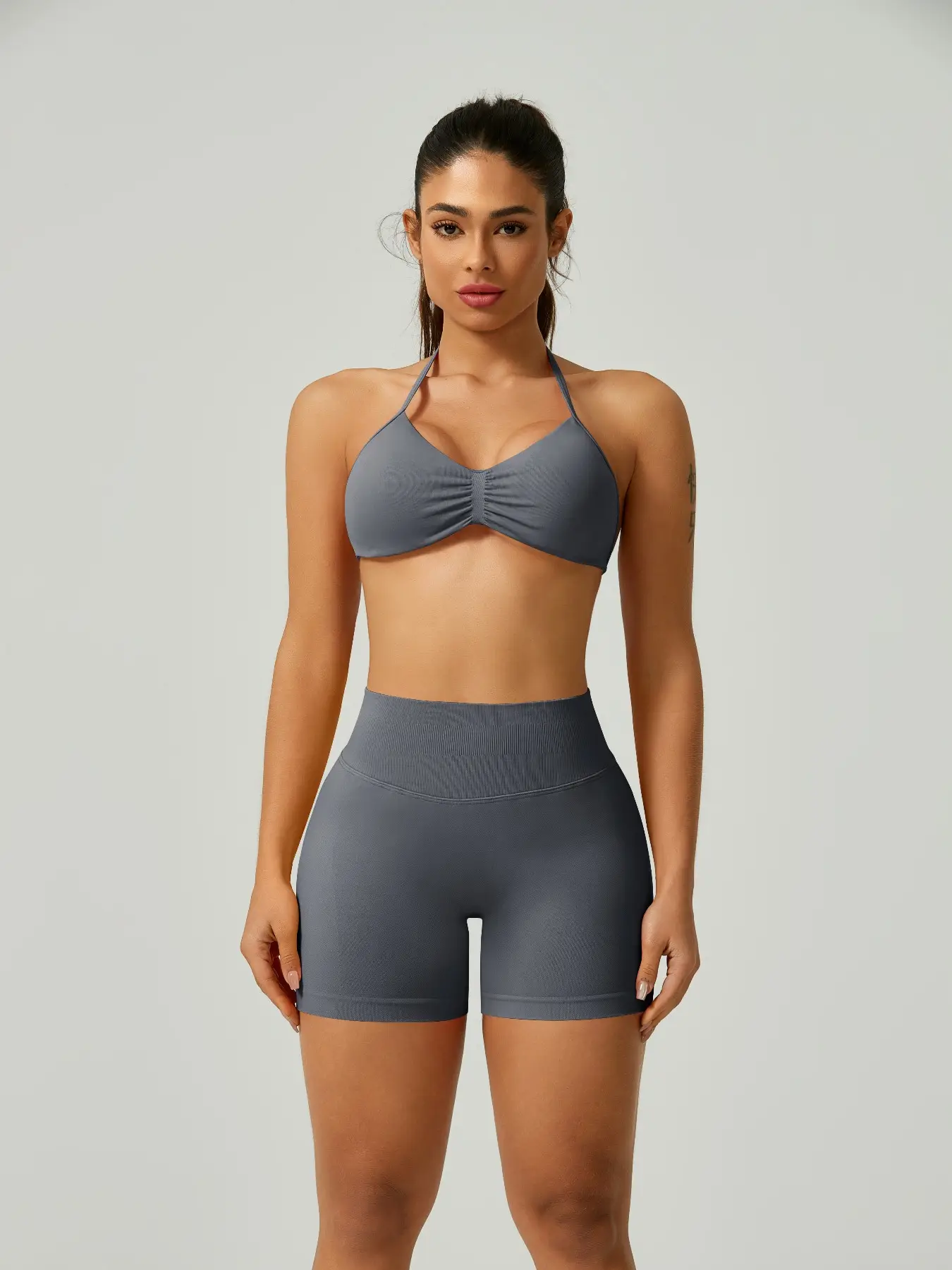 Women's Solid Crop Sports Bra & High Waist Shorts Sports Clothing Set, Sporty Casual Breathable Comfortable Seamless Outfits for Yoga Gym Workout Runn