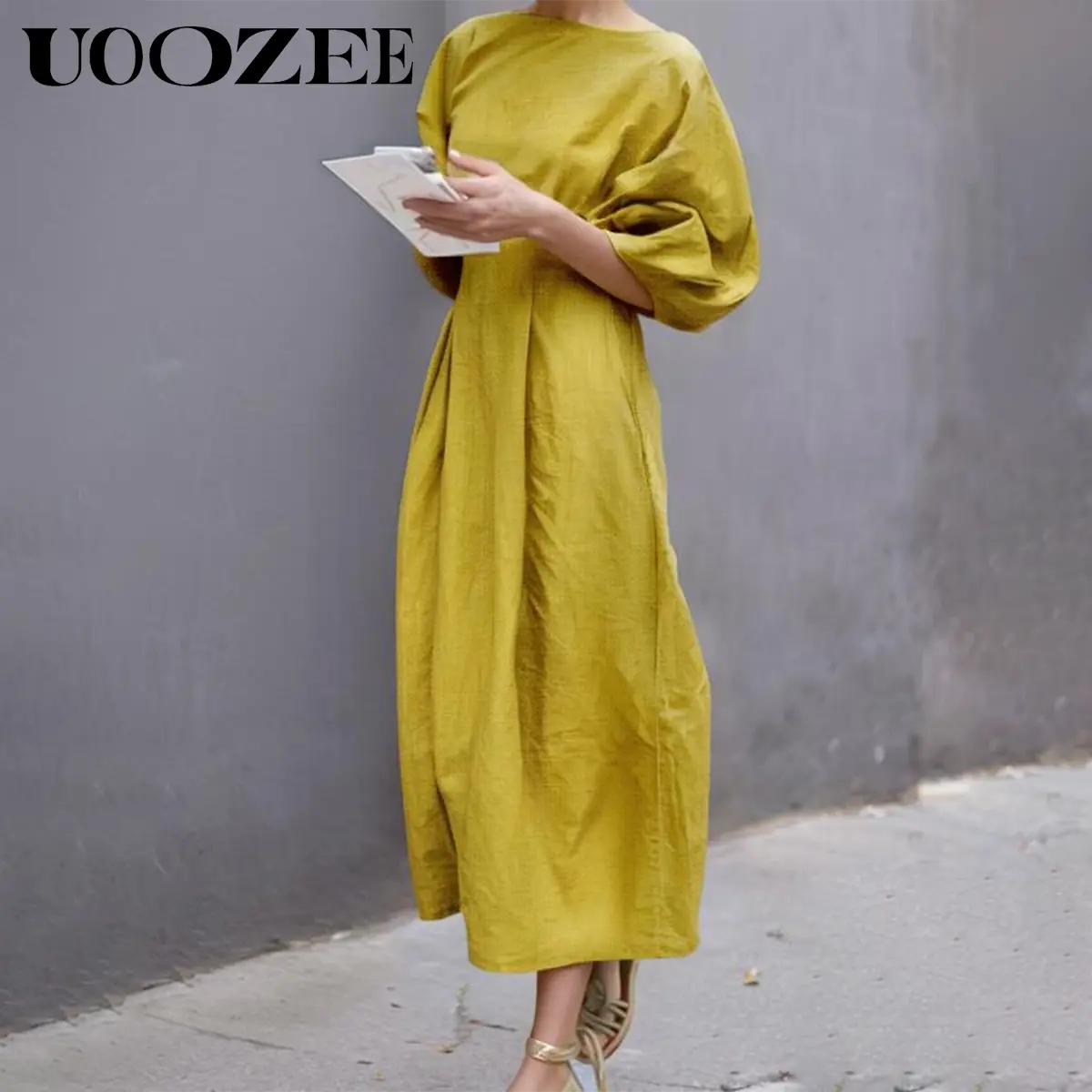UOOZEE Women's Linen Maxi Dress, Casual Lantern Half Sleeve Summer Style with Pockets, Solid Loose Fit for Daily Elegance, Viscose