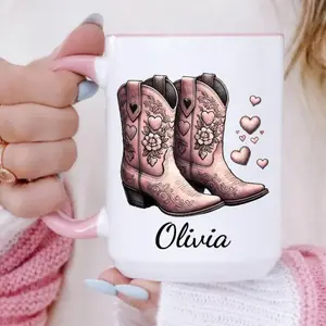 Pink Cowgirl Boots Mug for Women, Western Mugs, Cute Cowboy Boots Coffee Cup, Country Music Lover Gift Idea, Horse Lover Custom Mug Gifts