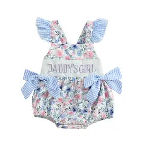 Newborn Baby Girl Romper Daddy's Girl Clothes Flower Print Letter Embroidery Flying Sleeve Bow Infant Bodysuit Summer Clothes for Casual Daily