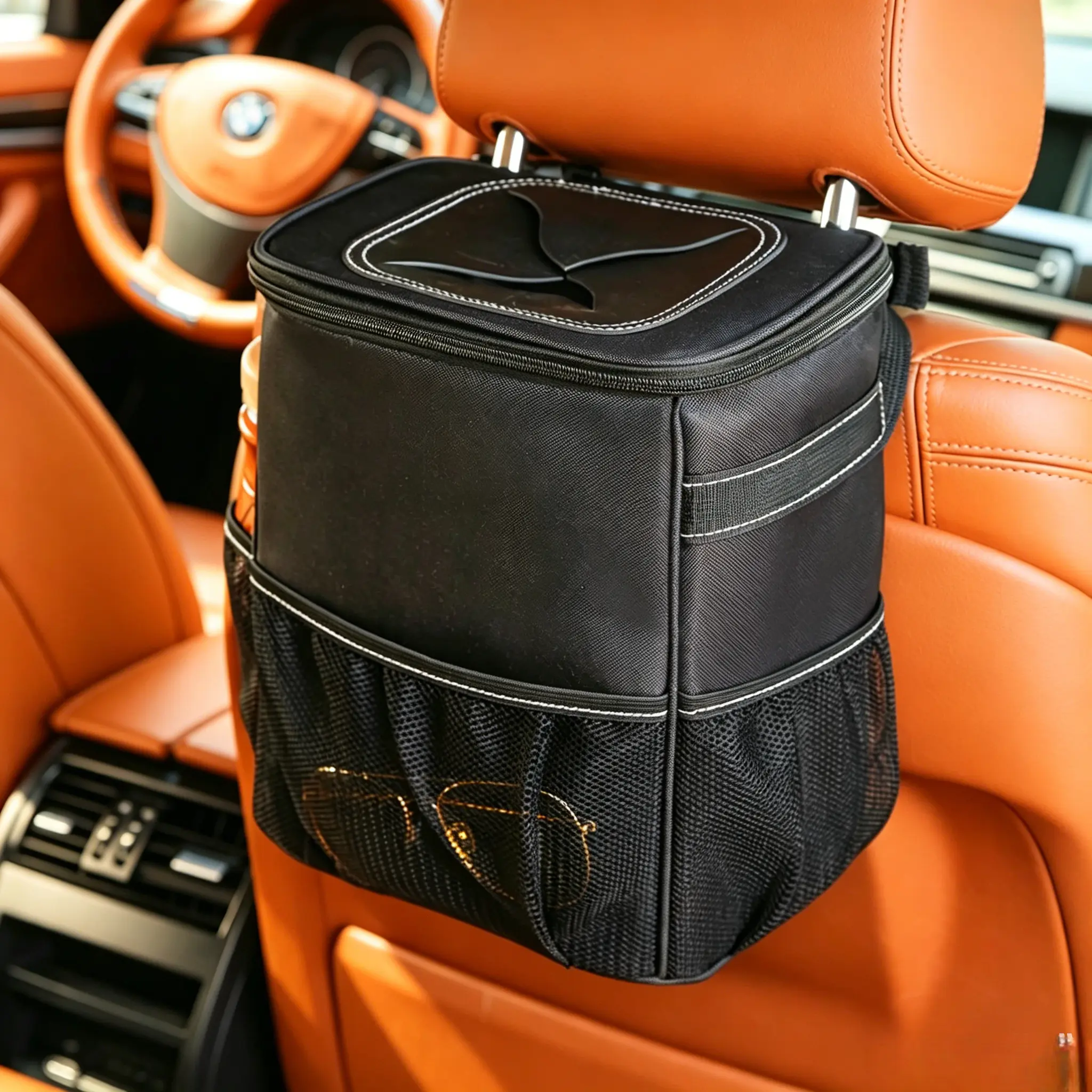 Car Trash Can with Lid - Water Resistant, Leakproof, Foldable Car Interior Organization Accessory with 3 Mesh Pockets, Storage Pockets, Oversize Opening & Easy Clip, Universal Fit for SUV, Truck, RV, Cars Accessories, Headrests