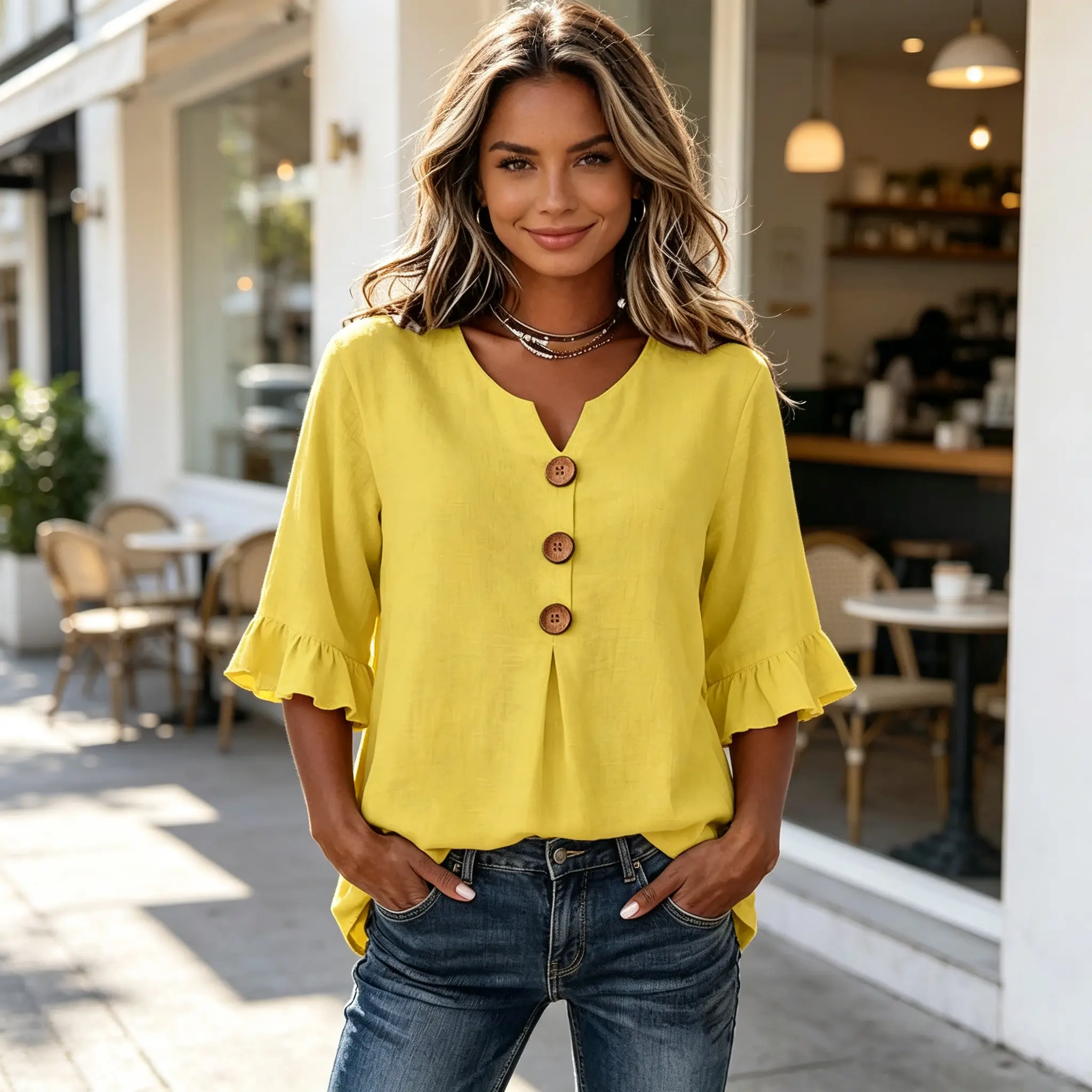 Women's Solid Color V-Neck Button Front Casual Blouse, Ruffle 3/4 Sleeve Loose Fit Top, Breathable Slimming Tunic for Moms, Versatile Work Shirt for Summer & Fall
