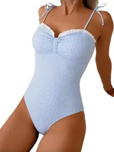 Women's Striped Print Sexy Ruffle One-Piece Swimsuit, Elegant Swimwear for Beach & Pool, Comfortable and Stylish Bathing Suit, Ruffle Hem Swimsuit, Ruffle Swimsuits
