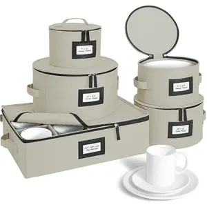 China Storage Containers, Sturdy Quilted Wine Glass Storage, Plate Organizer with Carry Handles, Moving Boxes for Dishes, Cups, Mugs and Stemware (Plate Mug Combo, Hard Shell Cream)