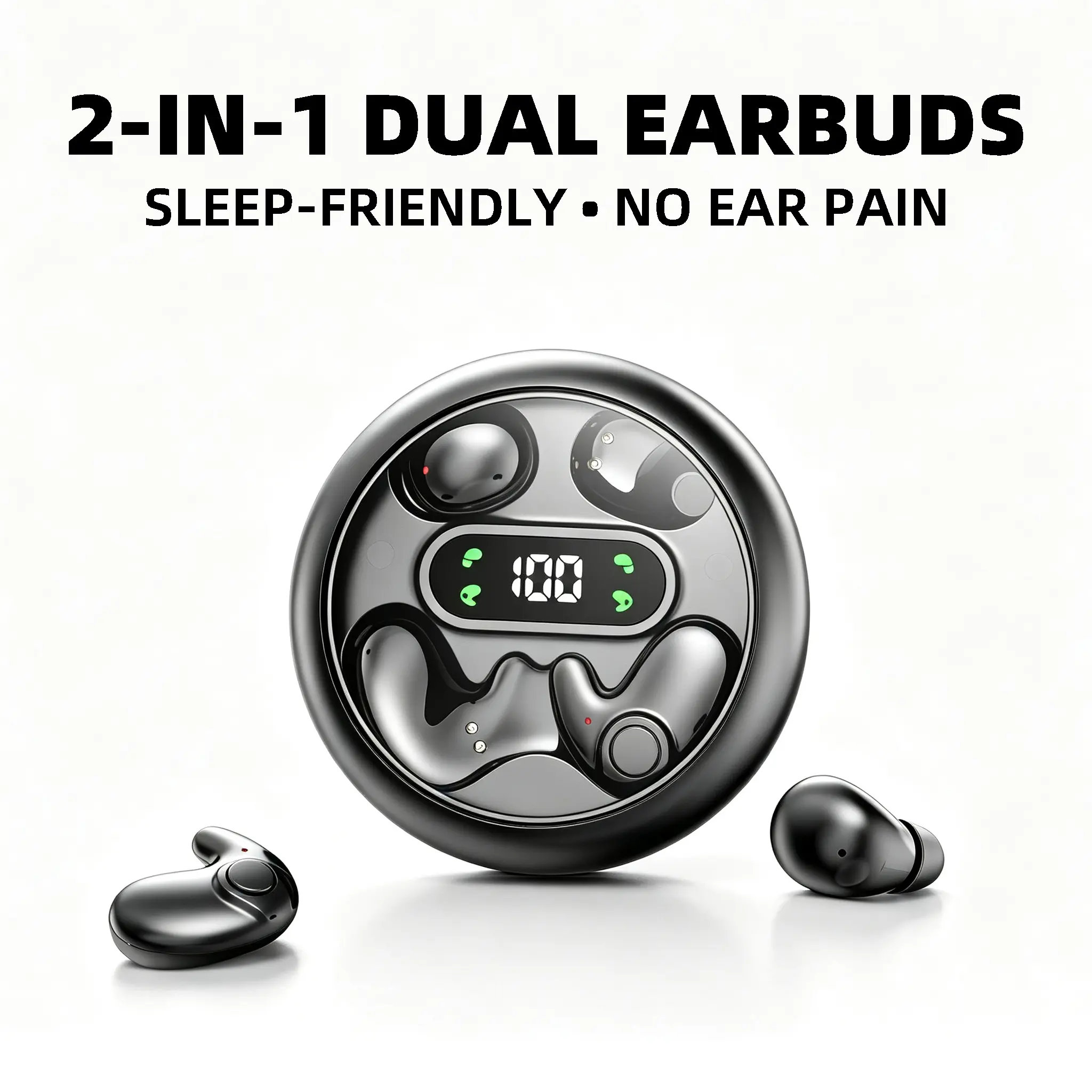 2-in-1 Hidden Wireless Bluetooth Sleep Earbuds Audio Device (Plastic Pair, MD37) - Ultra-Tiny Lightweight Headphone, Pressure-Free for Side Sleepers, Gentle Stereo Sound, Snore Blocking, Phone-Compatible, Long-Wear Resistant, Charging-Ready for Daily Use