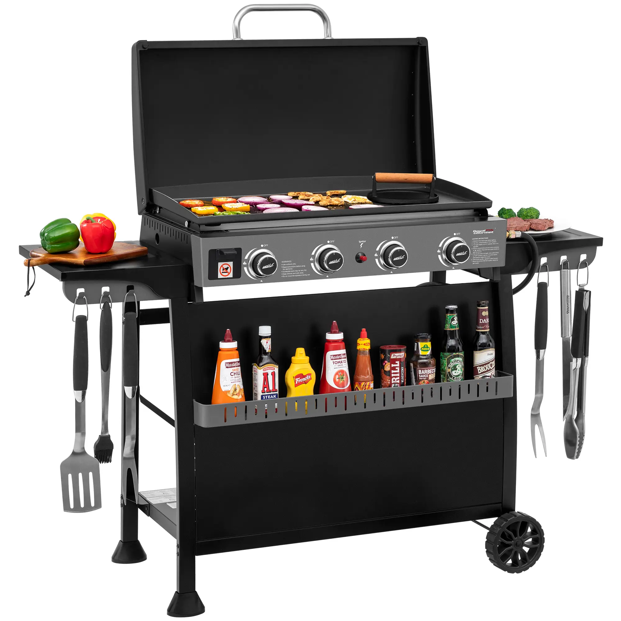 Royal Gourmet PD4001 30-Inch 4-Burner Gas Griddle For Outdoor with Hood & Cart, 34,000 BTU Flat Top Grill, 389 Sq. In. Cooking Area, Portable Propane Griddle for Camping, Tailgating, Backyard & Patio