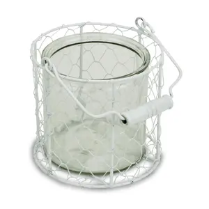 212 MAIN 5.25 in. Metal Wire Basket & Glass Jar Set, White & Clear, Decorative Hand Organiser with Wooden Accessory for Flower Display
