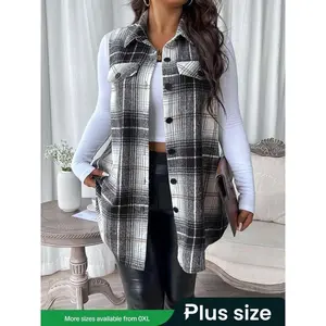 FINJANI��Plus Size��Plaid Print Button Front Vest Jacket, Casual Sleeveless Collared Quterwear for Daily Wear, Women's Clothing for All Seasons Can be used with raincoat