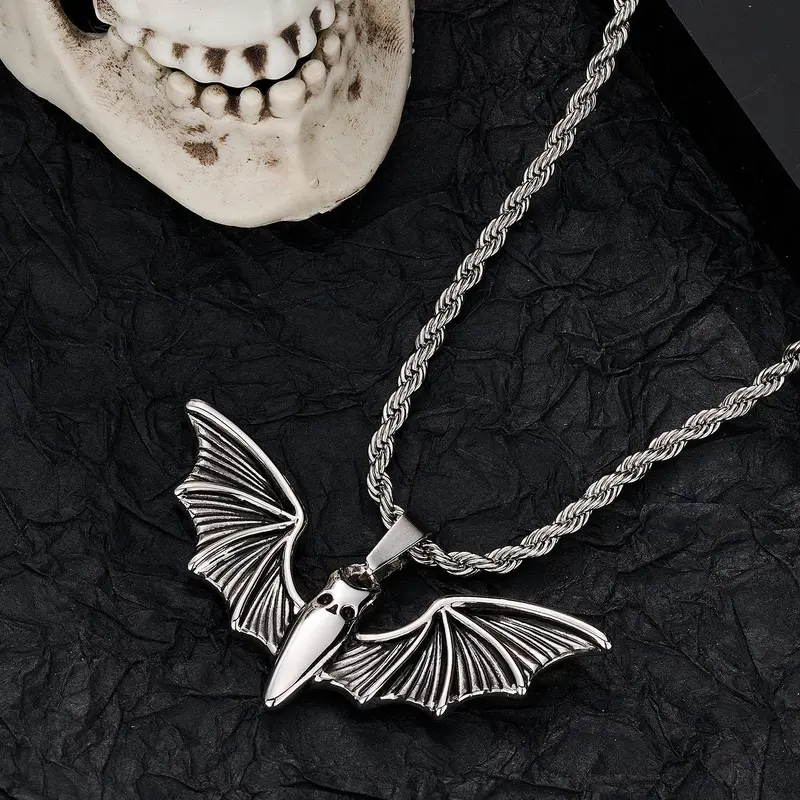 OUFER Women's Gothic Vintage Bat Wings Pendant Necklace - Stainless Steel Twist Rope Chain, 40cm+8cm, Non Tarnish Costume Necklaces, Unique Cool Gifts for Daily Elegance Jewelry for Women, Waterproof Standout Accessory