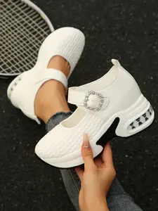 Women's Mary Jane Chunky Heel Walking Shoes, Rhinestone Buckle, Breathable Textile, Casual All Season Footwear, Commuter Versatile