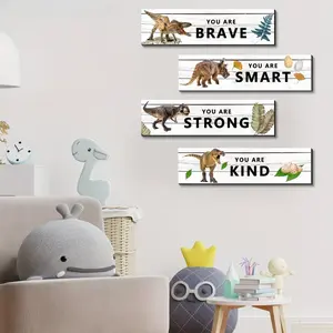 [4pcs Dinosaur Art] 4pcs Frameless Dinosaur Design Motivational Wall Art Decors Dinosaur Wall Prints for Bedroom Wooden Decorations 12X4 inches