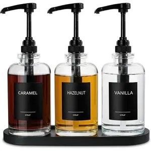 Glass Coffee Syrup Dispenser with 1/4oz Large Capacity Pump, 16.9 fl oz Maple Syrup Bottles for Coffee Bar Station Organizer