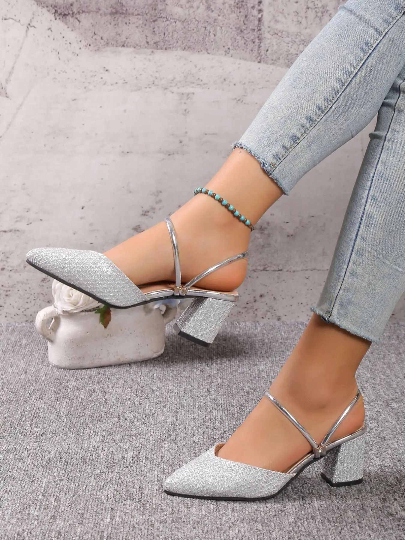 Women's Elegant Solid Glitter High Heel Slip-on Shoes Gift, Fashionable Pointed Toe High Heel Shoes for Party, Two Strap Summer Slingback Sandals for