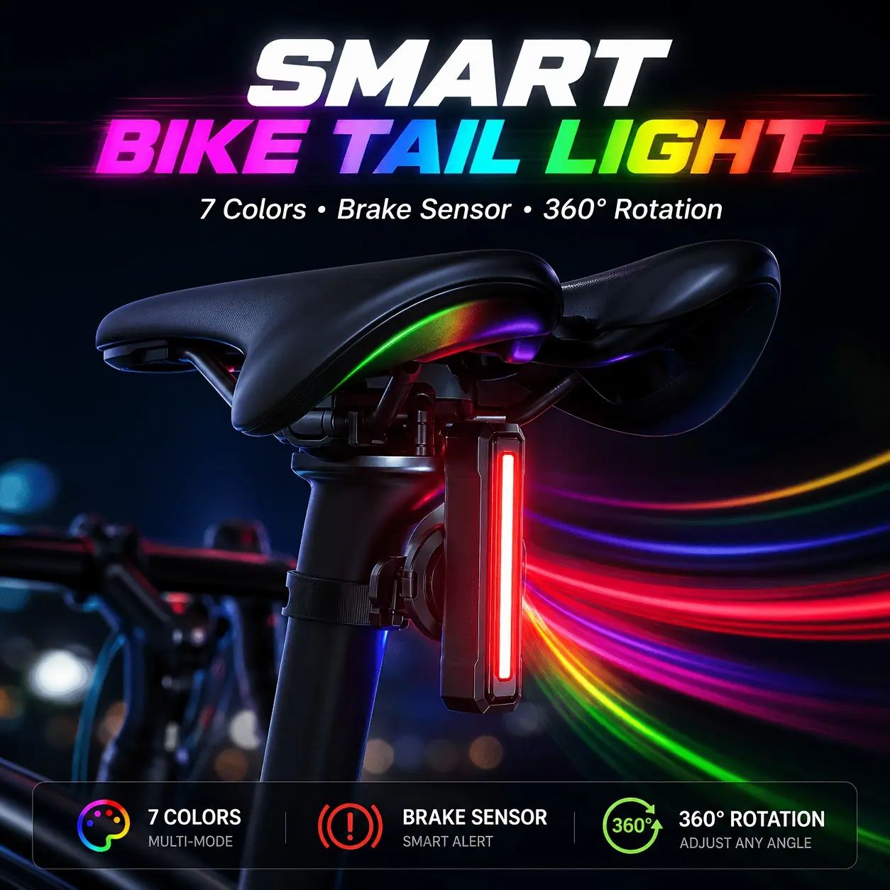 Smart Bicycle Taillights | LED Bicycle Taillights - RGB Taillights with Intelligent Sensing, 360 ° Rotation, Automatic Brake Lighting, Vibration Sensing, 7 Light Colors, 9 Light Modes, Suitable for All Bicycles, Motorcycles, And Cars