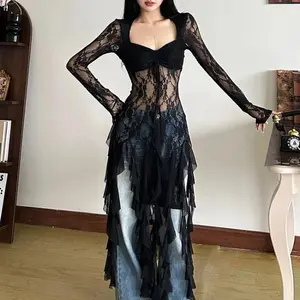 Sexy See Through Mesh White Tops Mujer Square Collar Patchwork T-shirts Forwomen 2025 Summer New Long Sleeve Tee Shirt