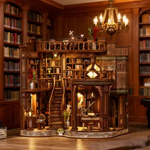 Dream Library DIY Assembly Kit, Luxury Vintage Library Model, High Difficulty Challenge 3D Puzzle Mini Toy House Bookshelf Set