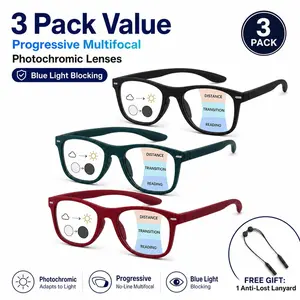 3 Pack Progressive Multifocal Reading Glasses Blue Light Blocking No-Line Readers for Men & Women Lightweight Everyday Eyewear with Free Anti-Lost Lanyard Photochromic Lenses