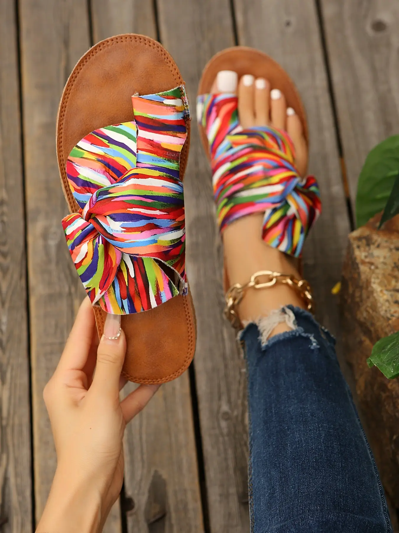 Colorful Butterfly Flat Sandals, Fashion Irregular Color Print Ethnic Style Bohemian Sandals Summer Beach Slip-On Shoes for Women, Textile Upper, Rubber Sole, Boho Shoes, Bohemian Trendy Sandals, Footwear For Beach