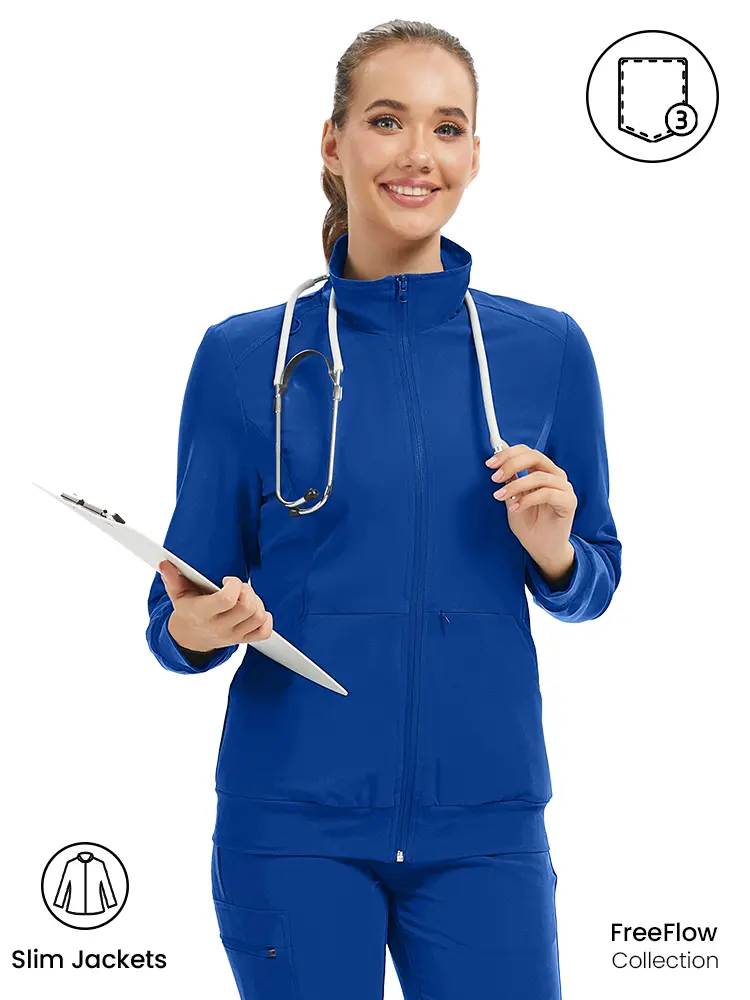 KITMAZ Women's Scrubs Jackets - Long Sleeve Zip Front Lightweight Polyester Blend Stretch Work Uniforms with Fitted Cut, 3 Pockets, Color-Sorted Wash Compatible