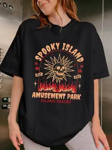 Ghost Island Amusement Park Print T-Shirt, 90s-2000s Halloween Movie Inspired Tee, Disco Skull Summer Horror Top, Women's Casual Loose Short Sleeve