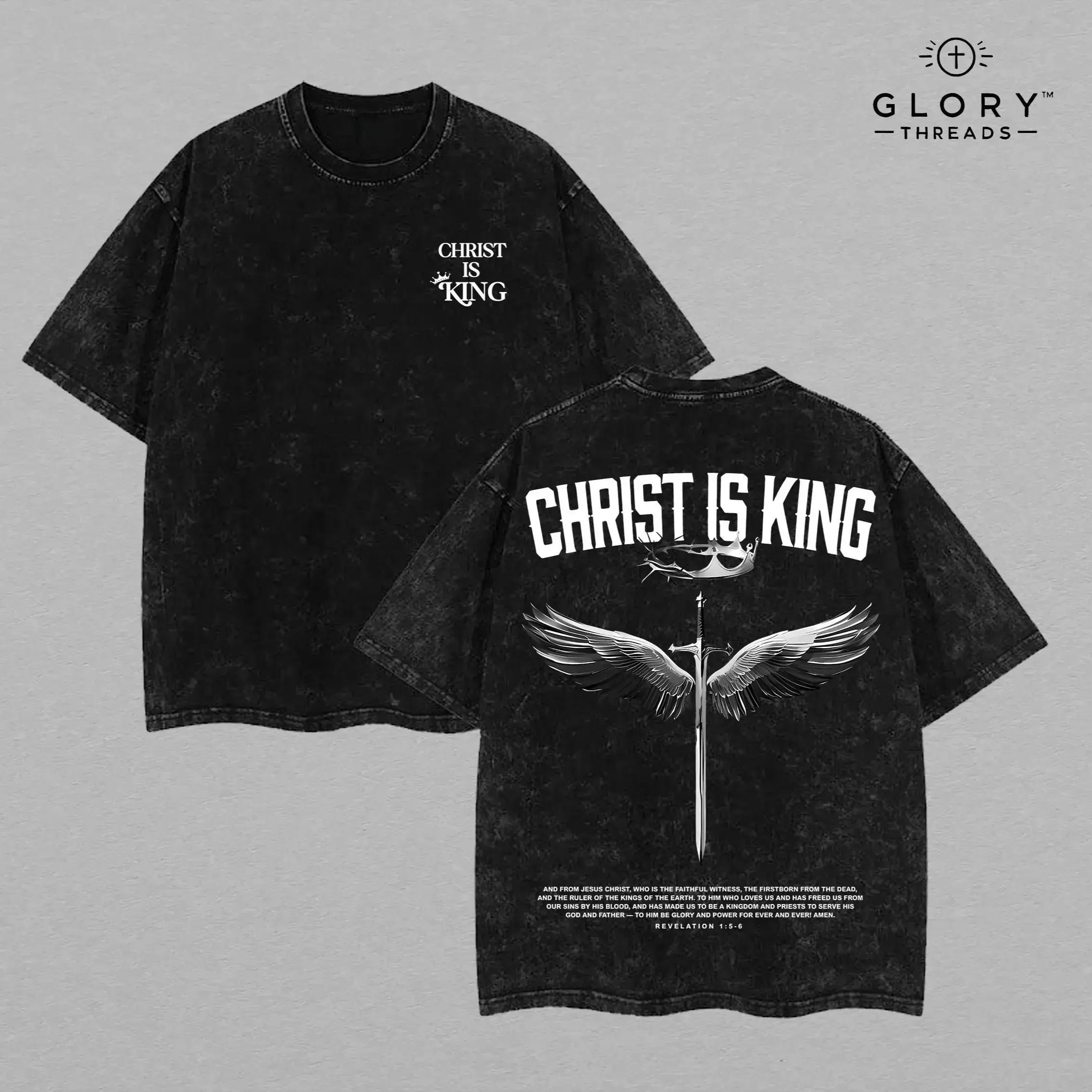 Men's 'Christ Is King' Graphic Tshirt - Vintage Washed Heavyweight Cotton Fabric, Relaxed Fit, Shortleeve Christian Casual Classic Streetwear Top
