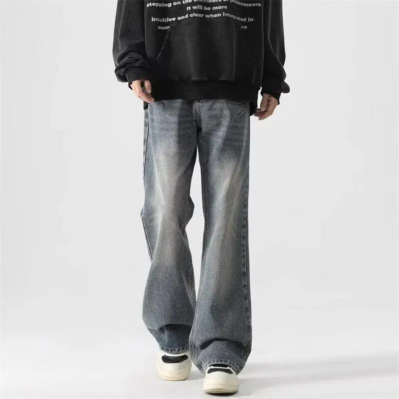 Men's Japanese Retro Denim Jeans - Washed Distressed Baggy Straight-Leg Fit, Autumn Menswear with Zipper Fly, Fabric, Pants, Jeans Pants, Asian Sizing, Below Ankle, Machine Wash