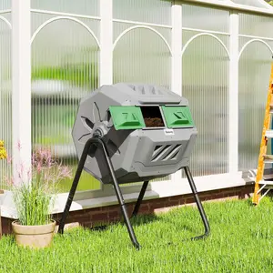 Tumbling Compost Bin Outdoor 360° Dual Chamber Rotating Composter 43 Gallon Light Gray with 16 Ventilation Holes for Efficient Decomposition