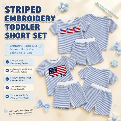 Baby Boy Clothes 2-Piece American Flag Casual Gift Set - Waffle Knit Striped T-Shirt & Shorts, Patriotic July 4th Summer Wear (0-4Y), Casual Gift Sets