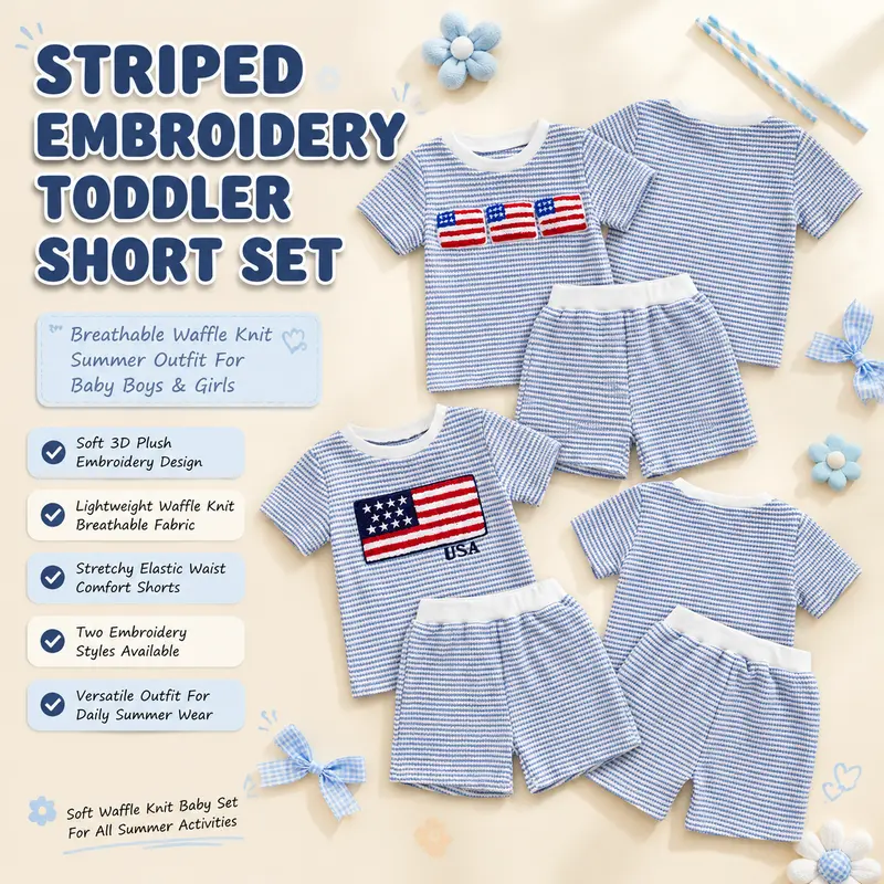 Baby Boy Clothes 2-Piece American Flag Casual Gift Set - Waffle Knit Striped T-Shirt & Shorts, Patriotic July 4th Summer Wear (0-4Y), Casual Gift Sets