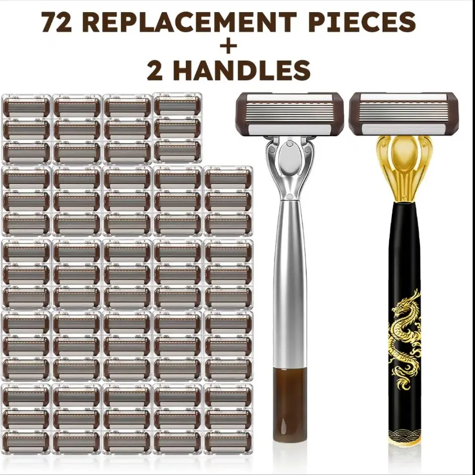 Men’s Manual Razor Set with 72 Replacement Blade Cartridges & 2 Handles, Portable Shaving Kit for Home, Bathroom and Travel, Grooming Gift for Dad